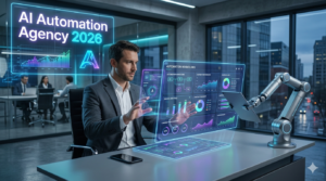 Futuristic AI automation agency workspace with AI dashboards, chatbot systems, and digital business automation tools