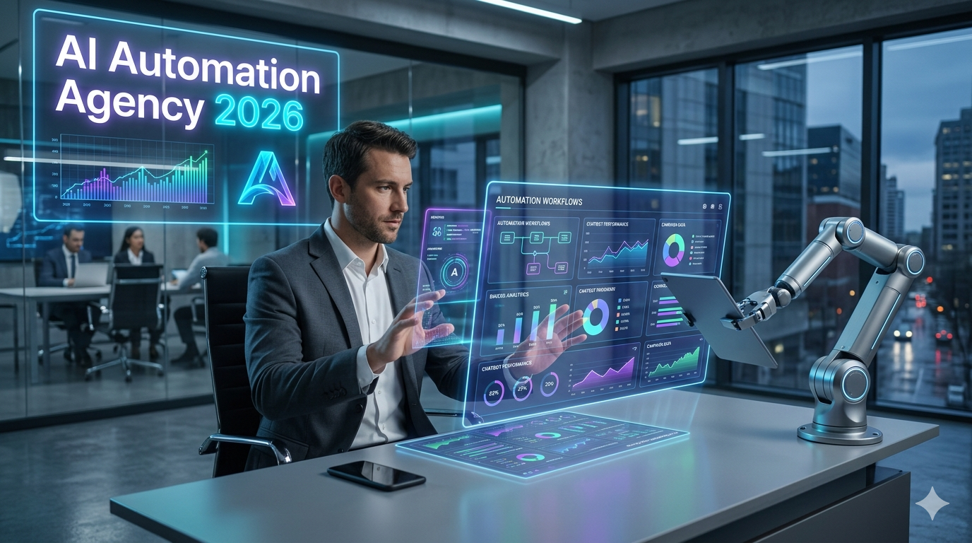 Futuristic AI automation agency workspace with AI dashboards, chatbot systems, and digital business automation tools