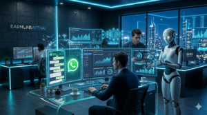 AI automation agency dashboard with WhatsApp automation systems, AI chatbots, digital marketing workflows, and business automation services