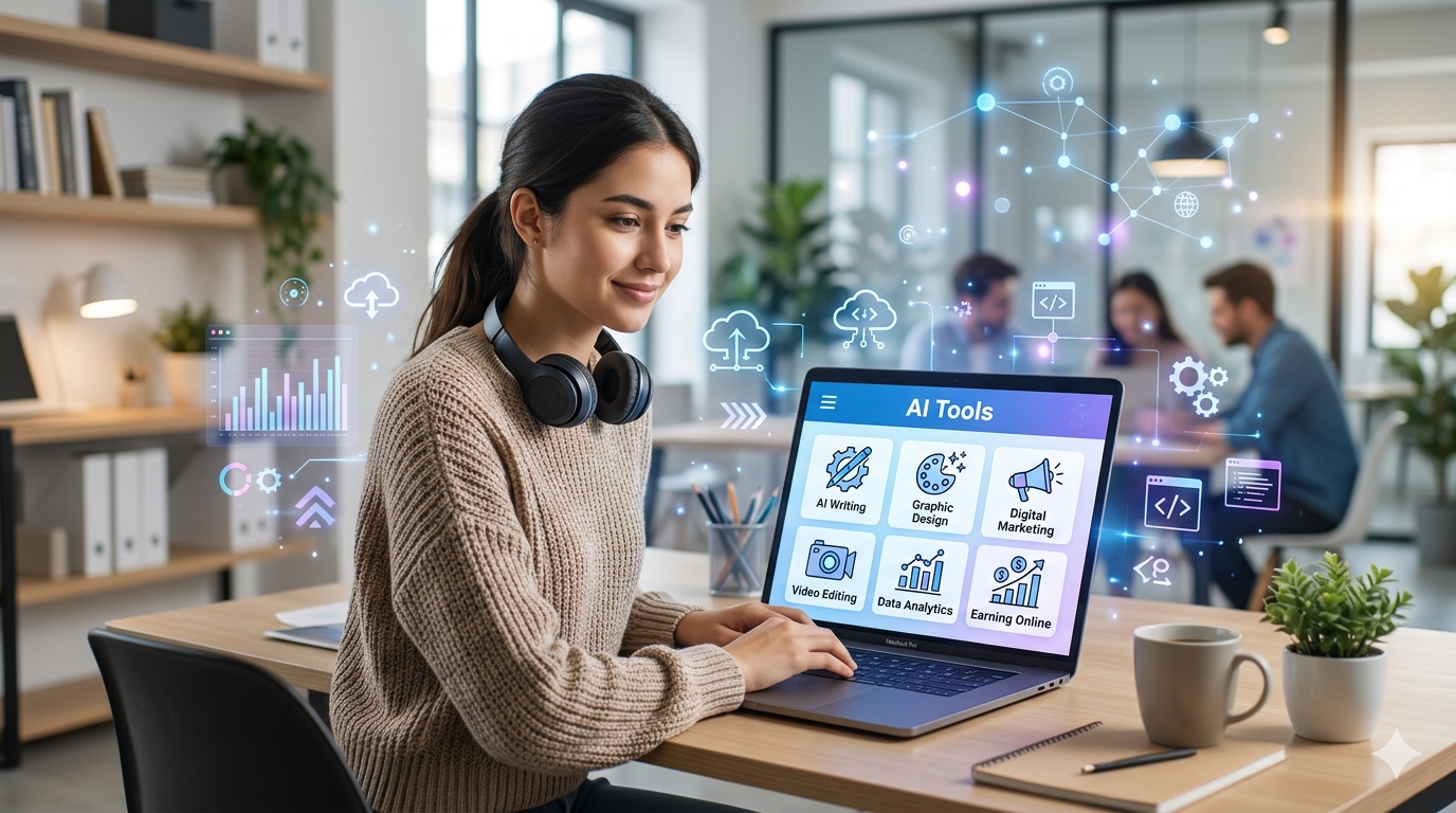 Beginner freelancer working on laptop using AI tools to offer freelance services online in 2025