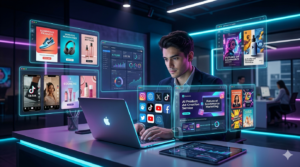 Digital marketer creating AI-powered ecommerce product advertisements using futuristic AI tools and social media marketing dashboards. AI Product Ad Creation Service