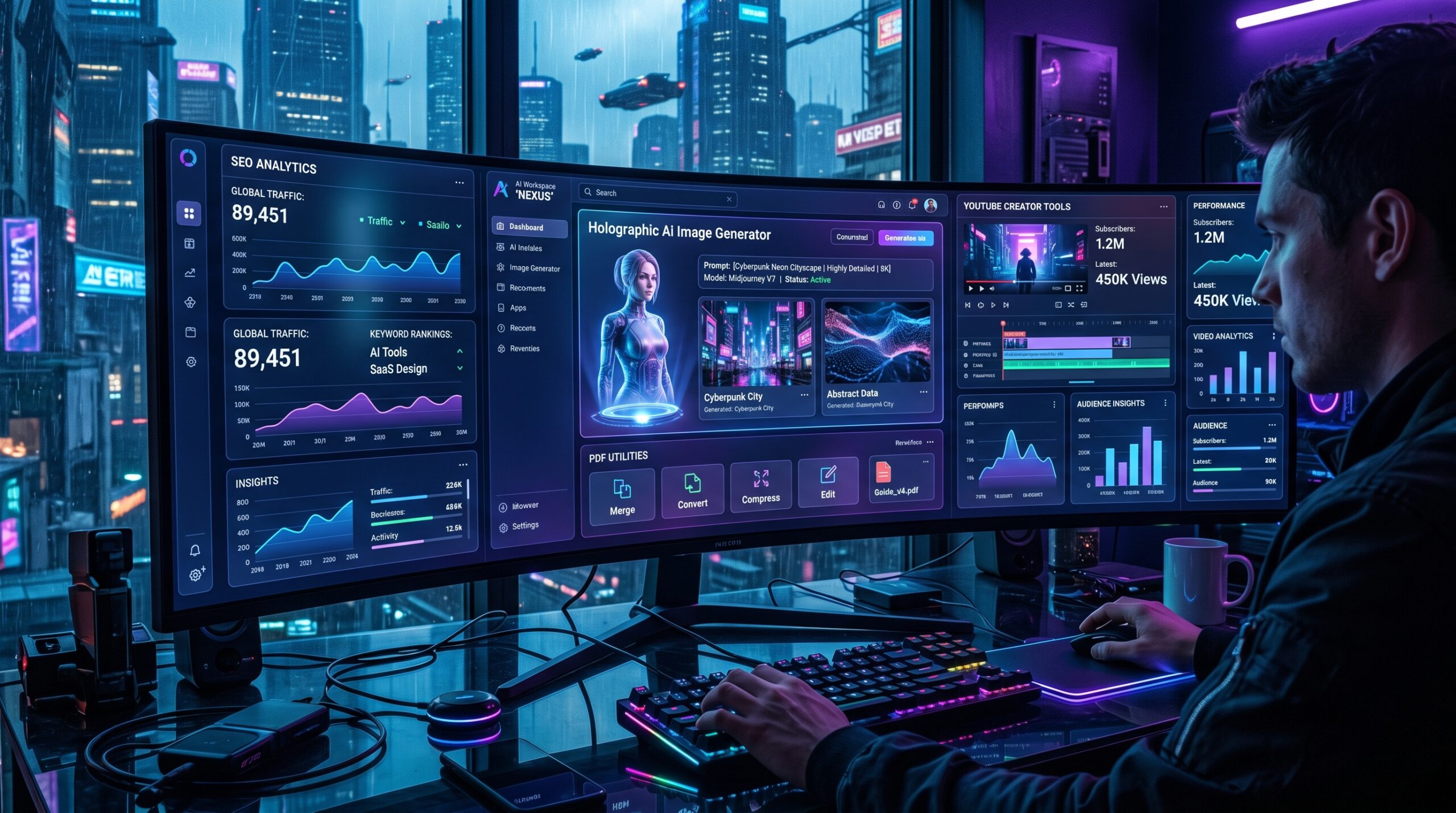 Futuristic AI tools dashboard with AI image generator, SEO tools, YouTube tools and online productivity utilities, best free ai tools 2026