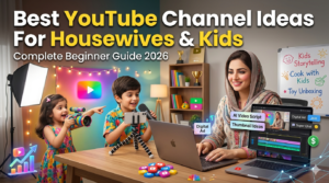 Housewives and kids learning YouTube content creation and online earning using AI tools and modern digital setup in 2026 YouTube ideas for housewives