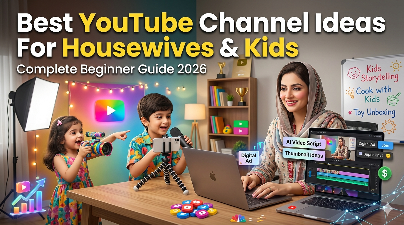 Housewives and kids learning YouTube content creation and online earning using AI tools and modern digital setup in 2026 YouTube ideas for housewives
