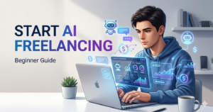 Beginner starting AI freelancing on laptop with AI tools and online earning icons
