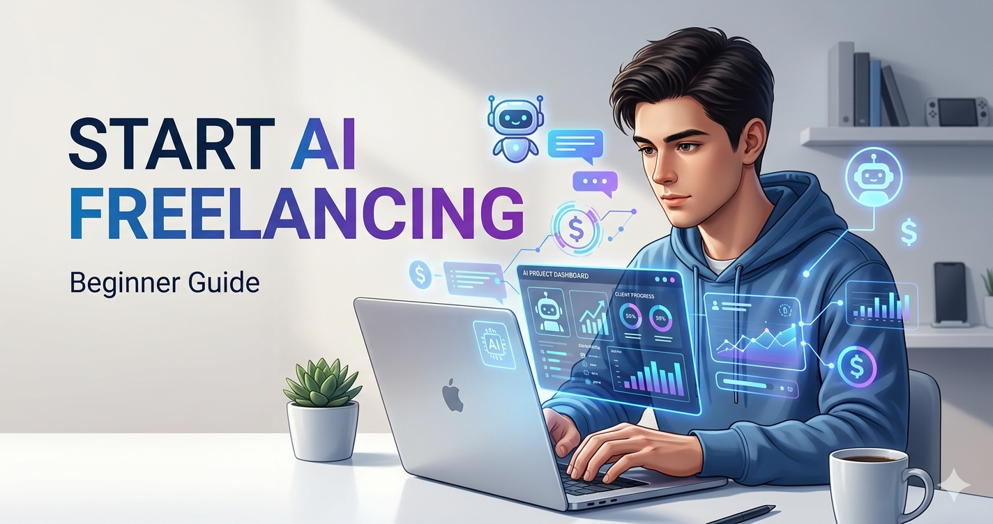 Beginner starting AI freelancing on laptop with AI tools and online earning icons