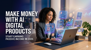 Person using laptop with AI tools to create and sell digital products for online income