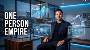 Entrepreneur managing a one-person AI business using automation tools and artificial intelligence in 2026