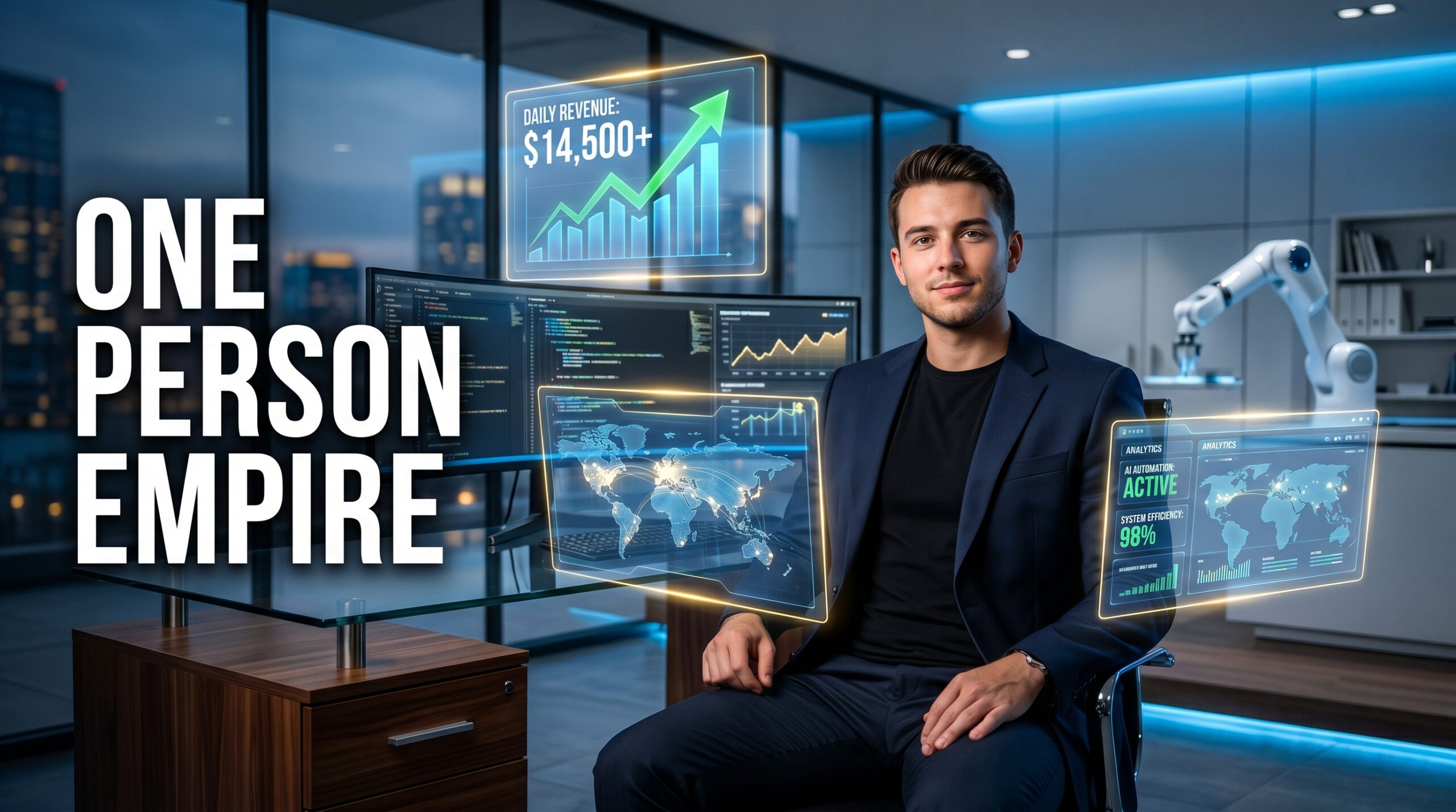 Entrepreneur managing a one-person AI business using automation tools and artificial intelligence in 2026