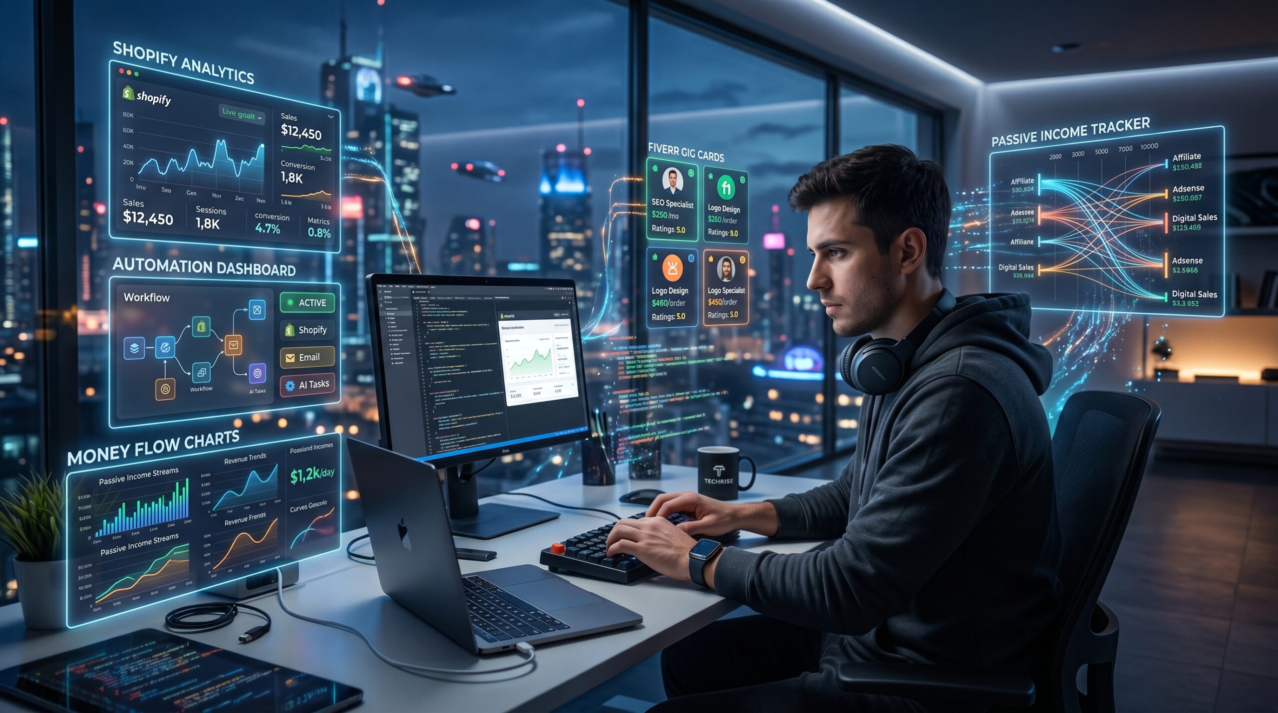AI income system dashboard showing automation, Fiverr services, and online earning workflow for beginners in 2026