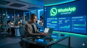 AI WhatsApp Automation Agency dashboard showing automated customer support, lead generation, and business communication through WhatsApp AI.