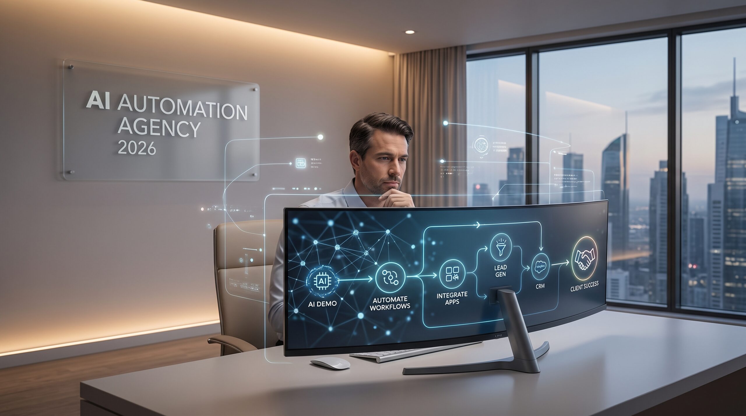 AI automation agency workflow connecting AI agents, business automation, and client services