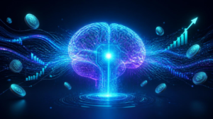 Gemini 4 Argon concept: a glowing futuristic AI brain with data streams and growth icons on a dark blue background