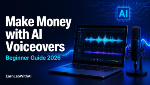 Freelancer learning to make money with AI voiceovers on a laptop with a studio microphone and glowing audio waveform