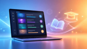 Claude Academy free AI courses shown on a laptop dashboard with progress bars, badges, an open book and a graduation cap